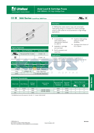 0508001.MXEP datasheet - Axial Lead & Cartridge Fuses 3AB 1000VAC / DC High Voltage Fuse