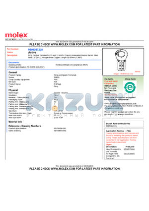 0508567225 datasheet - Ring Tongue Terminal for 10 and 12 AWG, Closed Uninsulated Brazed Barrel, StudSize 1/2