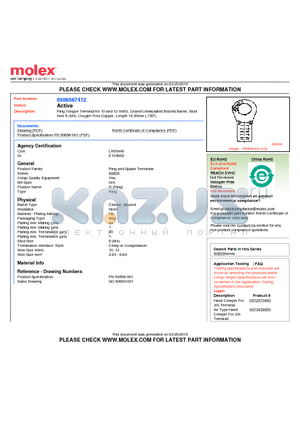 0508567412 datasheet - Ring Tongue Terminal for 10 and 12 AWG, Closed Uninsulated Brazed Barrel, StudSize 8 (M4), Oxygen Free Copper, Length 18.30mm (.720