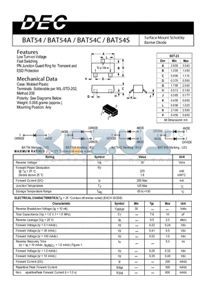 BAT54 datasheet - Surface Mount Schottky Barrier Diode