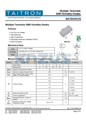 BAT54 datasheet - Multiple Terminals SMD Schottky Diodes