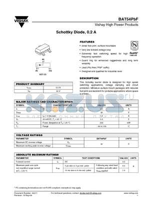 BAT54 datasheet - Schottky Diode, 0.2 A