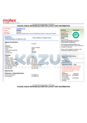 0508967112 datasheet - Wire Pin Terminal, Type A, for 22-16 AWG Wire, Pin Size 1.70mm (.067