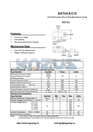 BAT54 datasheet - 200mW Surface Mount Schottky Barrier Diode