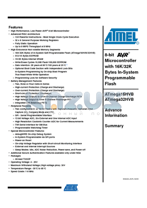 ATMEGA16HVB-TBD datasheet - 8-bit Microcontroller with 16K/32K Bytes In-System Programmable Flash