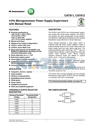 CAT812MTBI-T10 datasheet - 4-Pin Microprocessor Power Supply Supervisors with Manual Reset