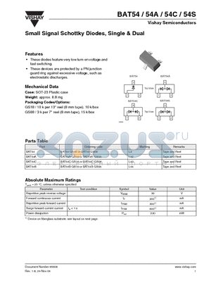 BAT54A datasheet - Small Signal Schottky Diodes, Single  Dual