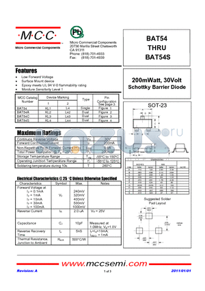 BAT54A datasheet - 200mWatt, 30Volt Schottky Barrier Diode