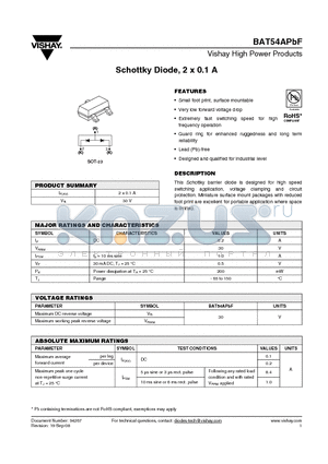 BAT54APBF datasheet - Schottky Diode, 2 x 0.1 A