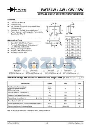 BAT54AW-T1 datasheet - SURFACE MOUNT SCHOTTKY BARRIER DIODE