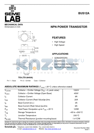 BUS12A datasheet - NPN POWER TRANSISTOR