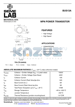 BUS13A datasheet - NPN POWER TRANSISTOR