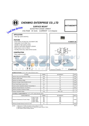 BAT54BDWPT datasheet - SCHOTTKY DIODE ARRAY VOLTAGE 30 Volts CURRENT 0.2 Ampere