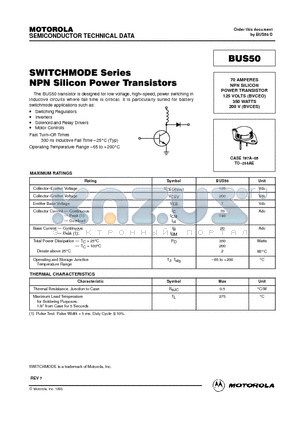 BUS50 datasheet - 70 AMPERES NPN SILICON POWER TRANSISTOR 125 VOLTS (BVCEO) 350 WATTS 200 V (BVCES)