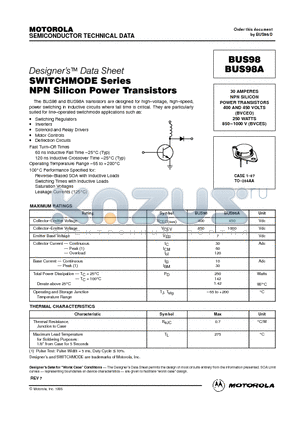 BUS98 datasheet - SITCHMODE Series NPN Silicon Power Transistors