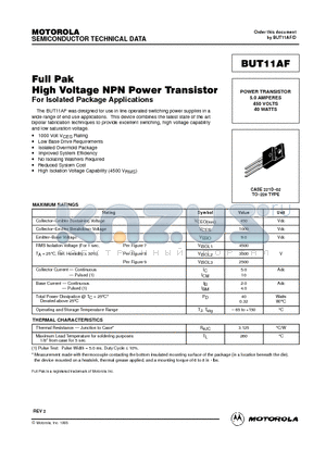 BUT11AF datasheet - POWER TRANSISTOR 5.0 AMPERES 450 VOLTS 40 WATTS