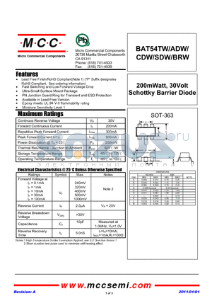 BAT54CDW datasheet - 200mWatt, 30Volt Schottky Barrier Diode