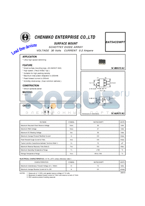 BAT54CDWPT datasheet - SCHOTTKY DIODE ARRAY VOLTAGE 30 Volts CURRENT 0.2 Ampere