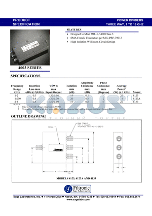 4123A datasheet - POWER DIVIDERS - THREE WAY, 1 TO 18 GHZ