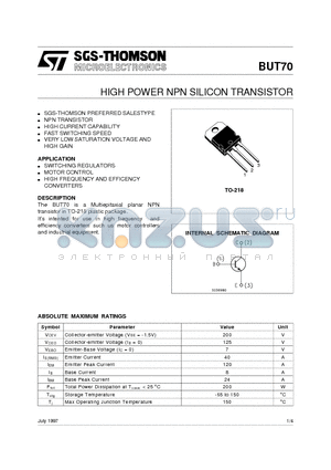 BUT70 datasheet - HIGH POWER NPN SILICON TRANSISTOR