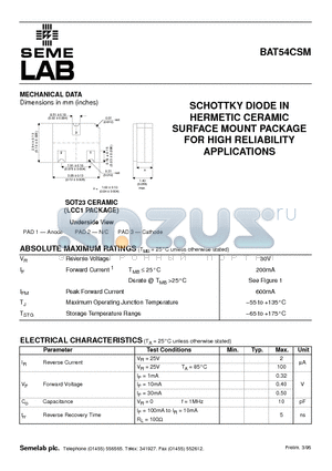 BAT54CSM datasheet - SCHOTTKY DIODE IN HERMETIC CERAMIC SURFACE MOUNT PACKAGE FOR HIGH RELIABILITY APPLICATIONS