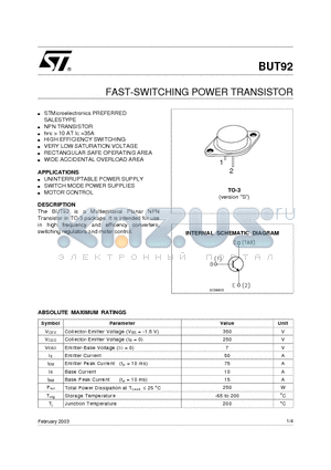 BUT92 datasheet - FAST-SWITCHING POWER TRANSISTOR