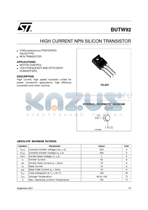 BUTW92 datasheet - HIGH CURRENT NPN SILICON TRANSISTOR