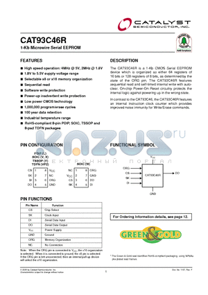 CAT93C46R datasheet - 1-Kb Microwire Serial EEPROM