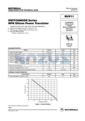 BUV11 datasheet - 20 AMPERES NPN SILICON POWER METAL TRANSISTOR 200 VOLTS 150 WATTS