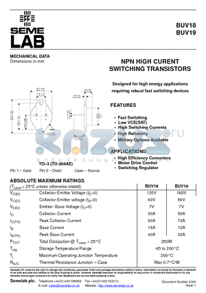 BUV19 datasheet - NPN HIGH CURENT SWITCHING TRANSISTORS