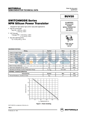 BUV20 datasheet - 50 AMPERES NPN SILICON POWER METAL TRANSISTOR 125 VOLTS 250 WATTS