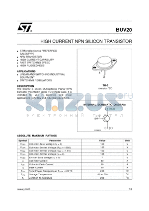 BUV20 datasheet - HIGH CURRENT NPN SILICON TRANSISTOR