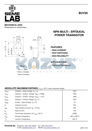 BUV20 datasheet - NPN MULTI - EPITAXIAL POWER TRANSISTOR