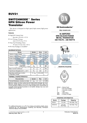 BUV21G datasheet - SWITCHMODE Series NPN Silicon Power Transistor