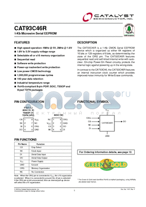 CAT93C46RWI-GT datasheet - 1-Kb Microwire Serial EEPROM