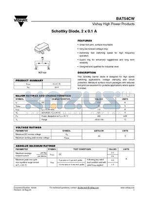 BAT54CW datasheet - Schottky Diode, 2 x 0.1 A