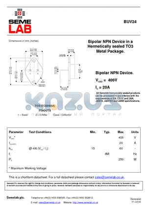 BUV24 datasheet - Bipolar NPN Device in a Hermetically sealed TO3 Metal Package