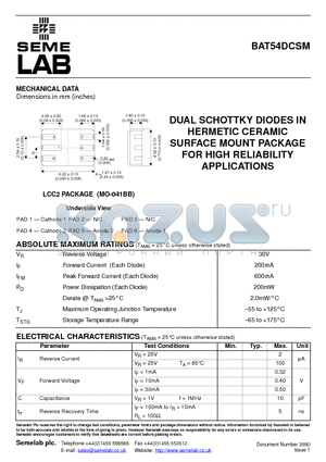 BAT54DCSM datasheet - DUAL SCHOTTKY DIODES IN HERMETIC CERAMIC