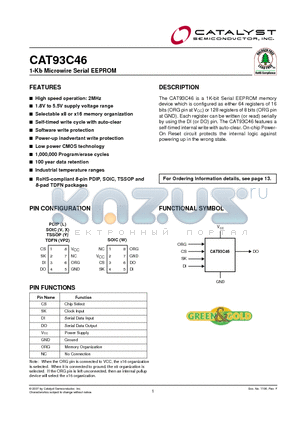 CAT93C46XIT3 datasheet - 1-Kb Microwire Serial EEPROM