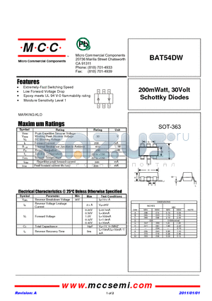 BAT54DW datasheet - 200mWatt, 30Volt Schottky Diodes