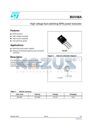 BUV48A datasheet - High voltage fast switching NPN power transistor