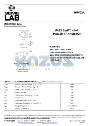 BUV52A datasheet - FAST SWITCHING POWER TRANSISTOR