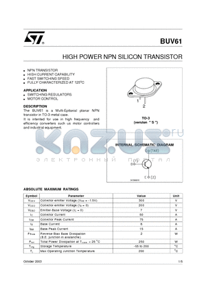 BUV61 datasheet - HIGH POWER NPN SILICON TRANSISTOR