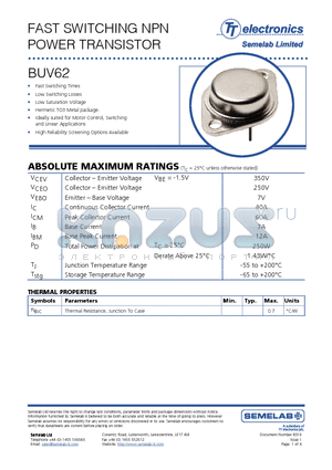 BUV62 datasheet - FAST SWITCHING NPN POWER TRANSISTOR