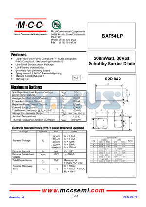 BAT54LP datasheet - 200mWatt, 30Volt Schottky Barrier Diode
