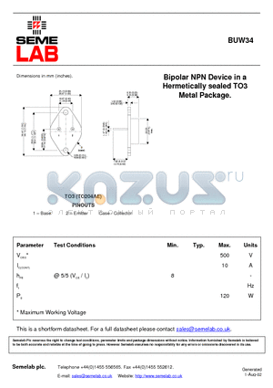 BUW34 datasheet - Bipolar NPN Device in a Hermetically sealed TO3 Metal Package