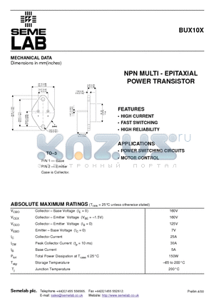BUX10X datasheet - NPN MULTI - EPITAXIAL POWER TRANSISTOR