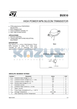 BUX10_03 datasheet - HIGH POWER NPN SILICON TRANSISTOR