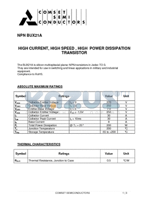 BUX21A datasheet - HIGH CURRENT, HIGH SPEED , HIGH POWER DISSIPATION TRANSISTOR