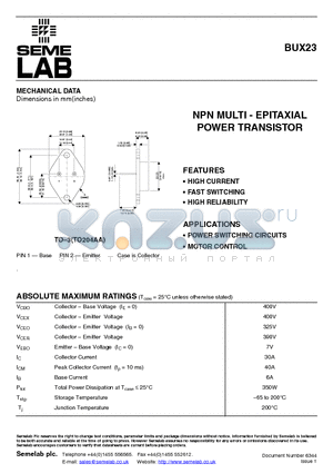 BUX23 datasheet - NPN MULTI - EPITAXIAL POWER TRANSISTOR